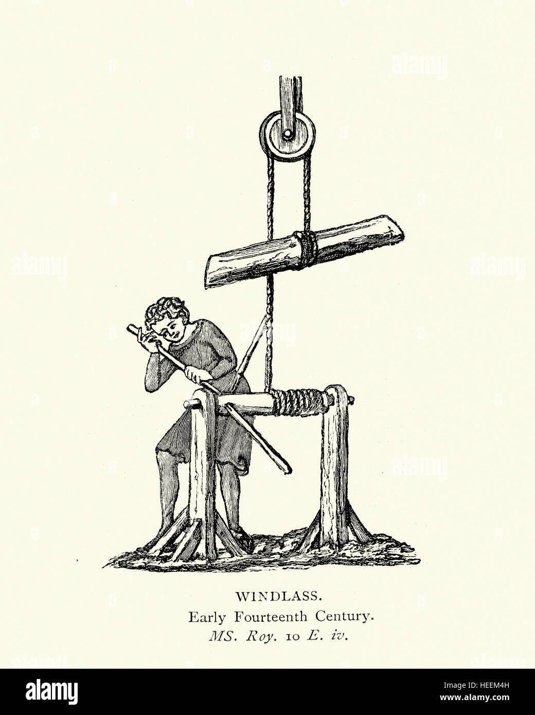 Mittelalterliche Arbeitskraft mit einer Ankerwinde, um einem großen Protokoll zu heben. Anfang des 14. Jahrhunderts Stockfoto