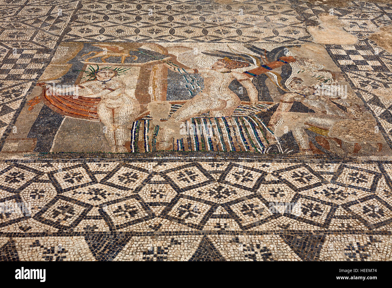 Bodenmosaik, römische Ruinen, Volubilis, Marokko Stockfoto