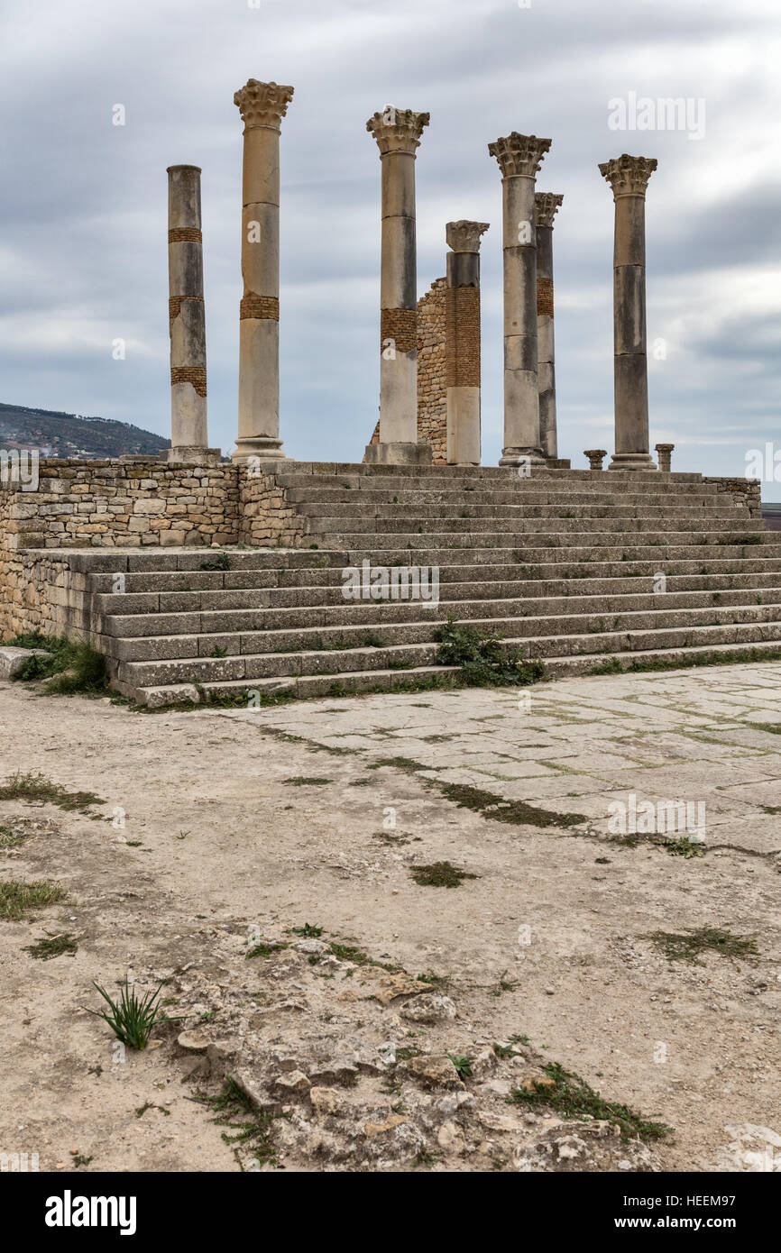 Kapitolinischen Tempel, römische Ruinen, Volubilis, Marokko Stockfoto