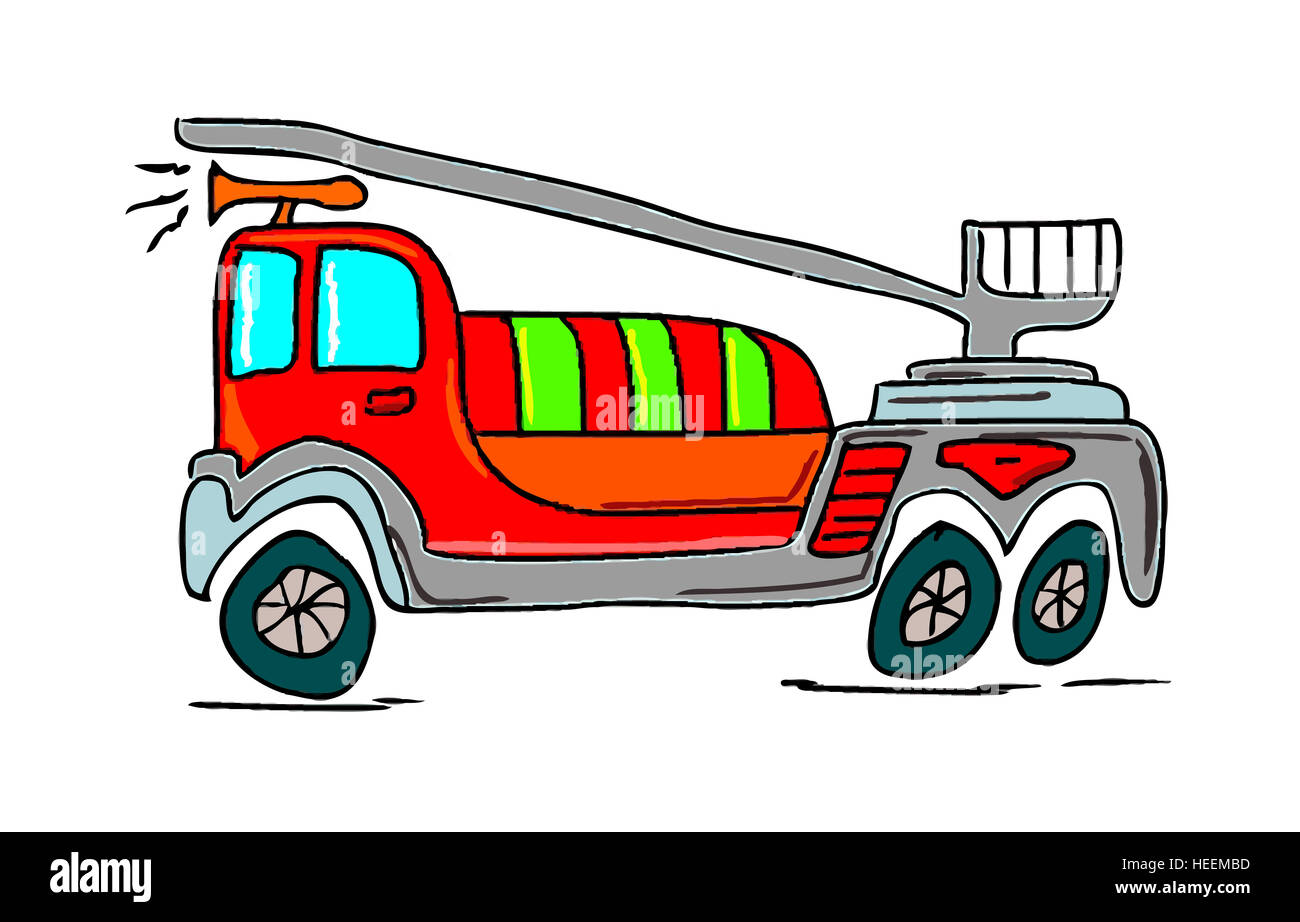 Handgezeichnete Abbildung ein Feuerwehrauto auf weißem Hintergrund Stockfoto