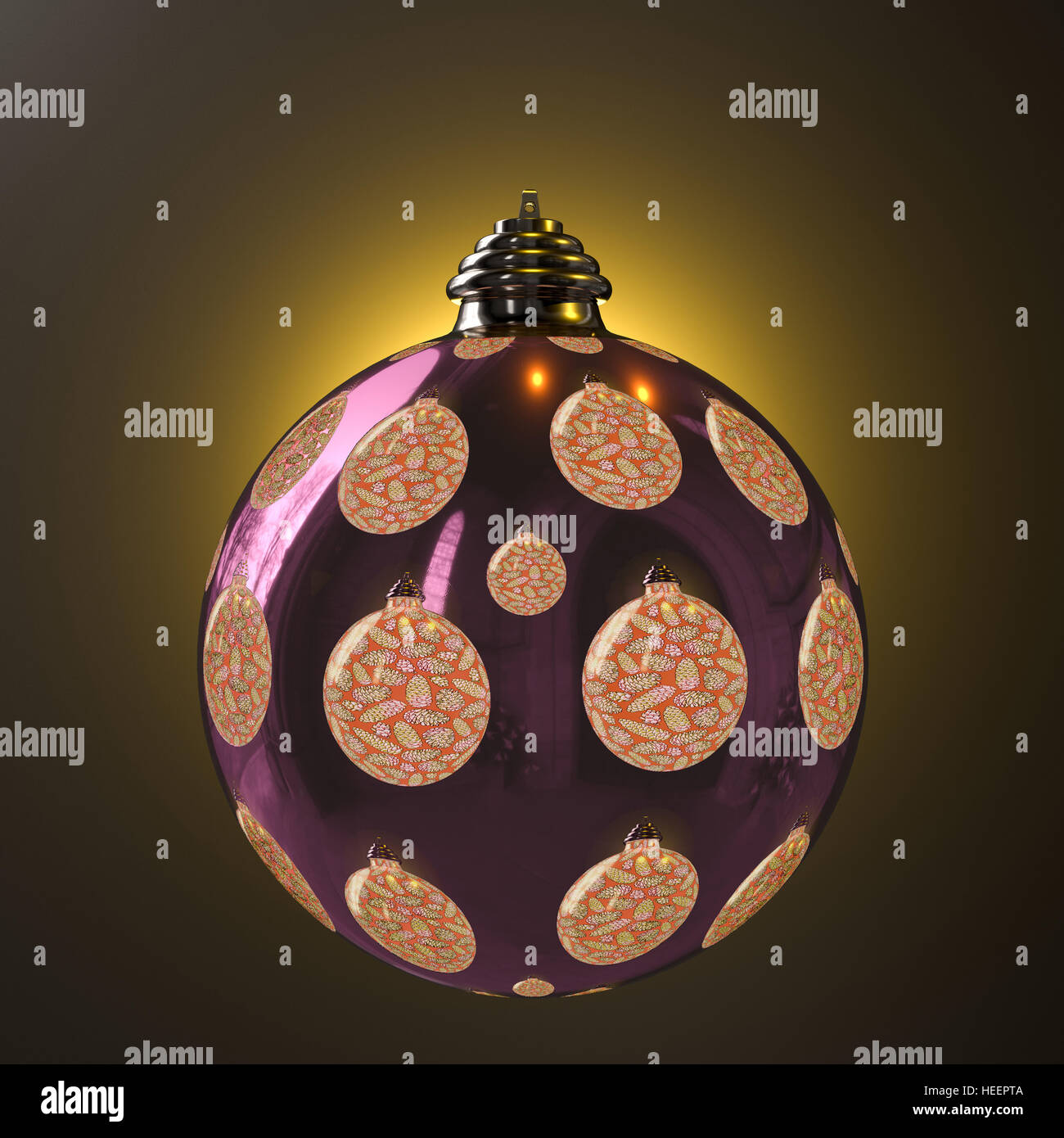 Rote Weihnachtskugeln auf lila Weihnachtskugel, fotorealistische Computergrafik Stockfoto