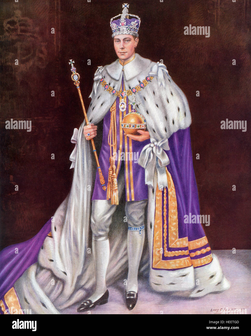 George VI, 1895 – 1952.  König des Vereinigten Königreichs und der Besitzungen des britischen Commonwealth. Hier zu sehen am Tag seiner Krönung im Jahre 1936 trägt die Krönung Roben und die Krone und hält den Reichsapfel und Zepter. Stockfoto