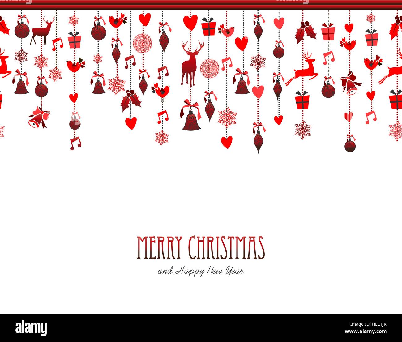Frohe Weihnachten, frohes neues Jahr rot Urlaub Dekoration mit Hirsch, Holly, Vogel, Schnee und Geschenk-Elementen. Ideal für Weihnachten Grusskarte, Einladung zu einem Ereignis Stock Vektor