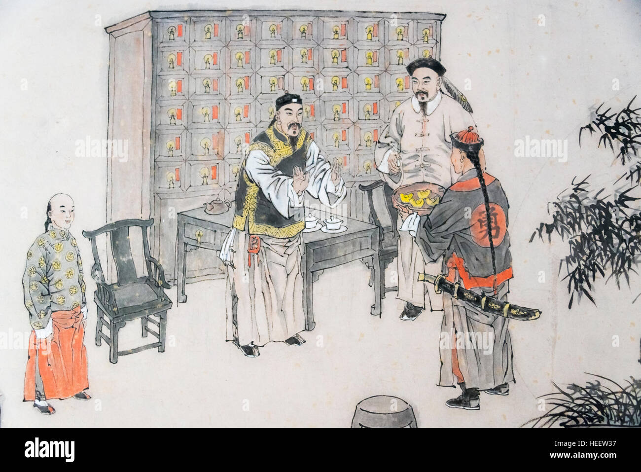 Gemälde, das Leben der Menschen entlang des Canal Grande in den alten Tagen, die antike Stadt Taierzhuang, Provinz Shandong, China Stockfoto