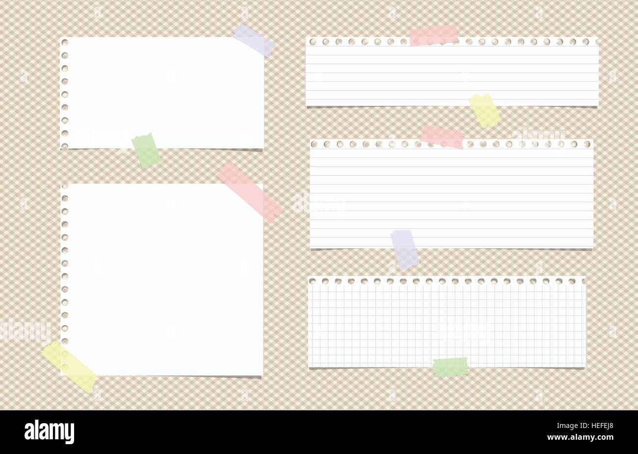 Weiß regiert, Hinweis, Notebook, Copybook Papier Blätter mit bunten Klebestreifen auf braune quadratische Muster stecken Stock Vektor