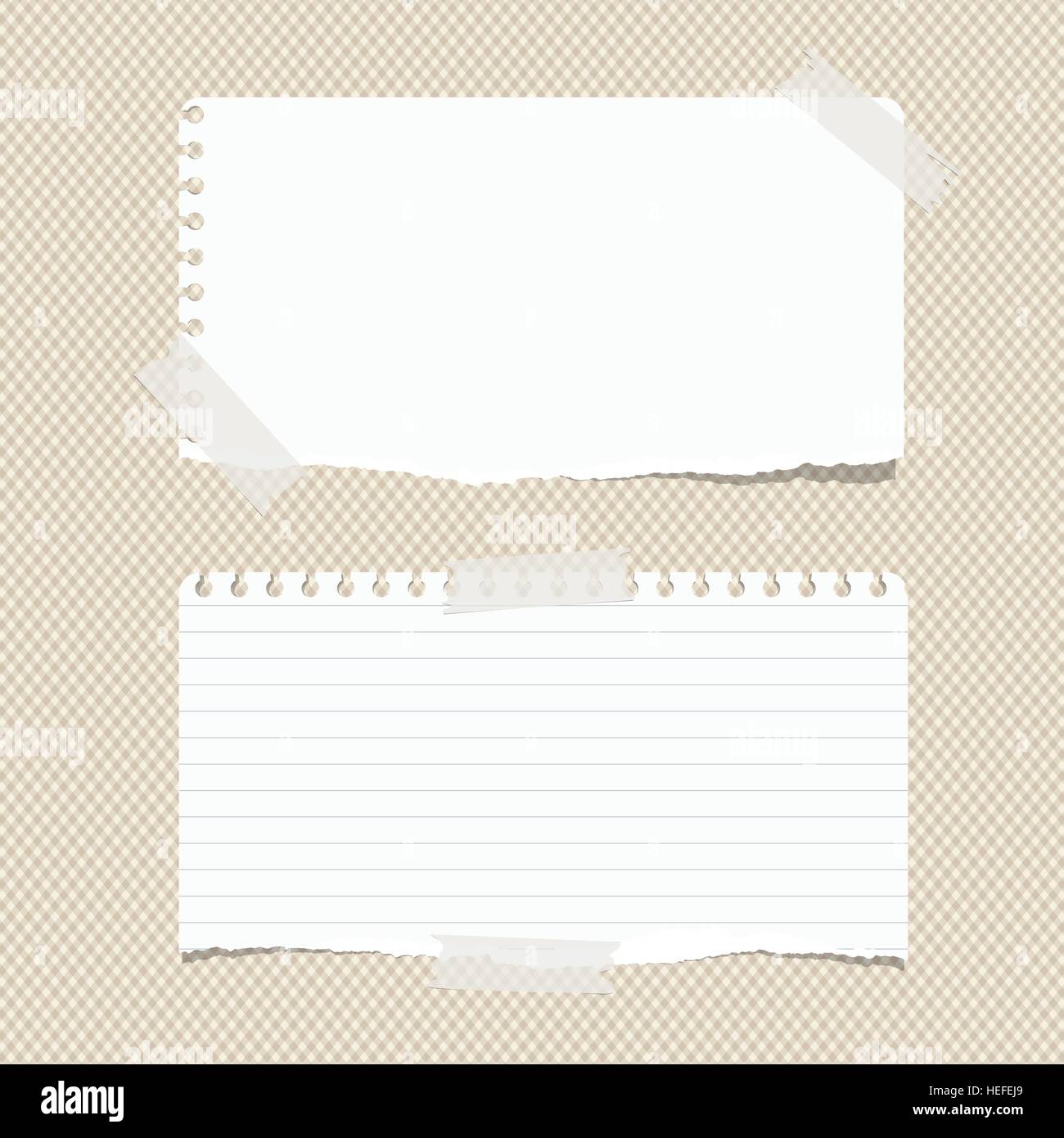 Weiß regiert, zerrissene Hinweis, Notebook, Copybook Papier Blätter fest mit Klebeband auf braune quadratische Muster Stock Vektor