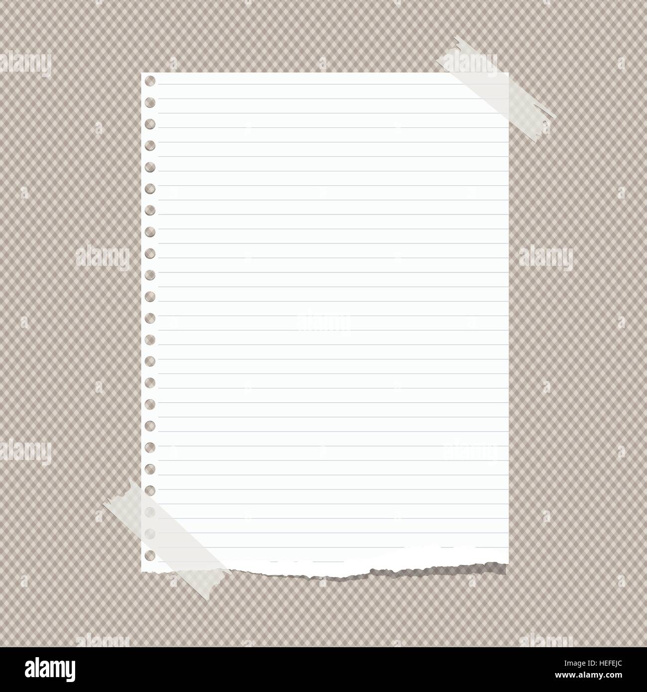 Weiß regiert, zerrissene Hinweis, Notebook, Copybook Papierblatt fest mit Klebeband auf braune quadratische Muster Stock Vektor
