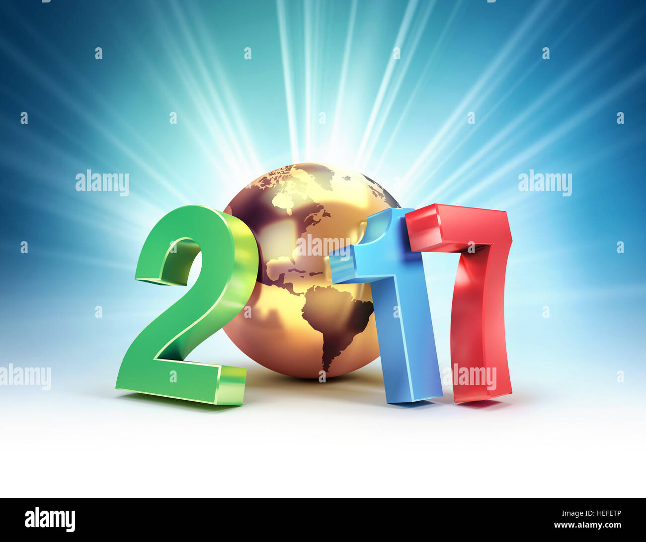 2017 neue Jahr bunte Art zusammen mit einer goldenen Planet Erde auf einem leuchtenden Hintergrund - 3D-Illustration Stockfoto