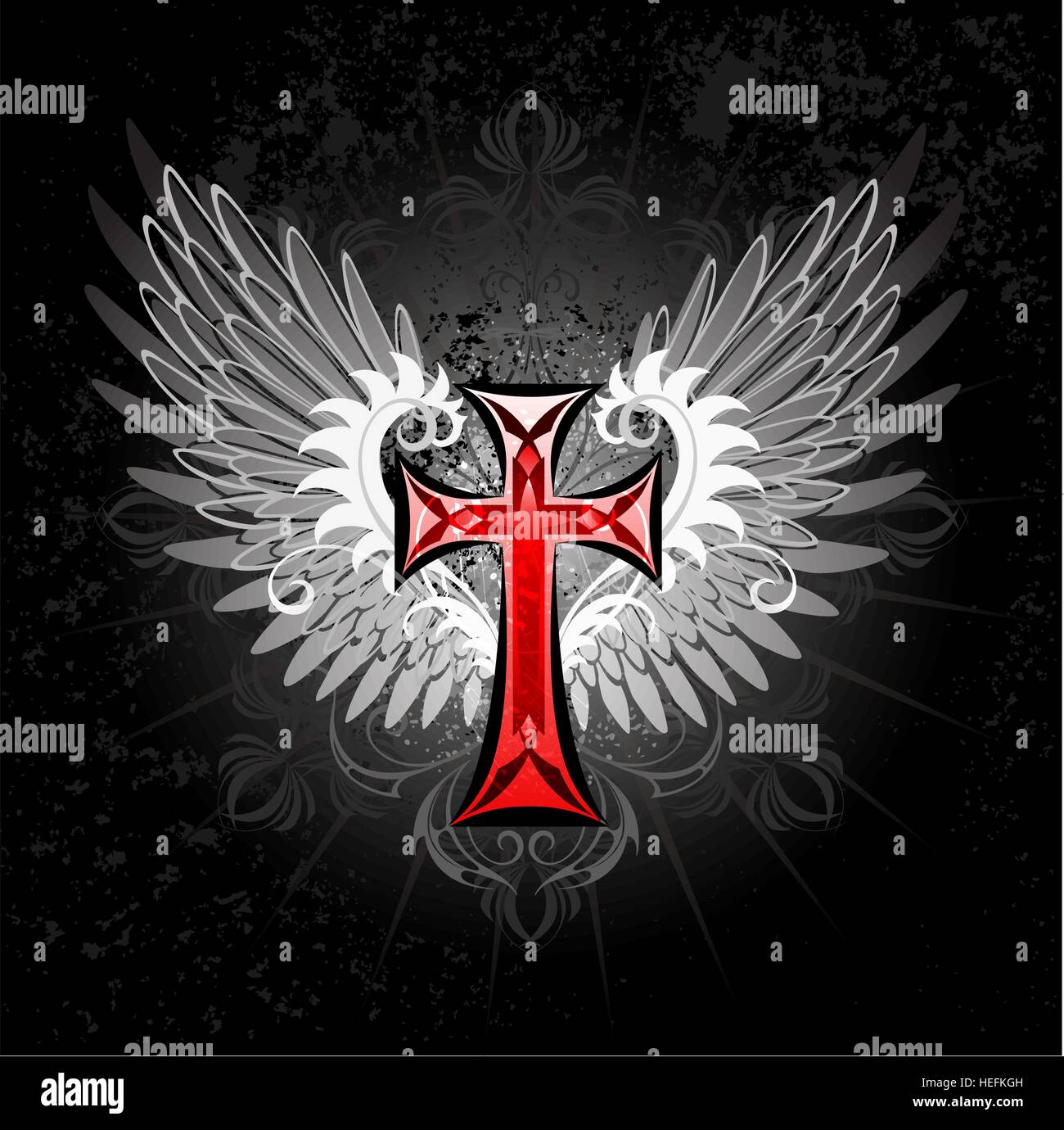 kunstvoll bemalte rotes Kreuz mit grauen Flügeln auf einem schwarzen Hintergrund. Stock Vektor