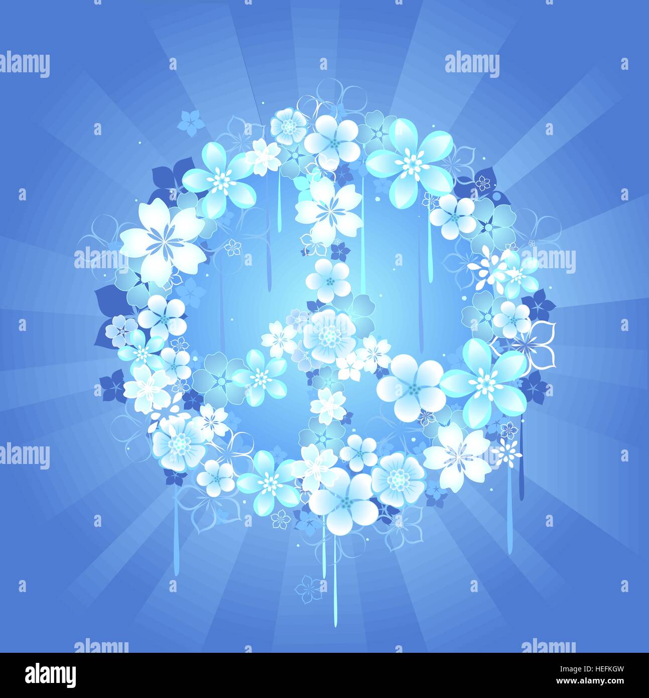 Friedenssymbol von feinen weißen und blauen Blumen auf blauem Grund strahlend. Stock Vektor