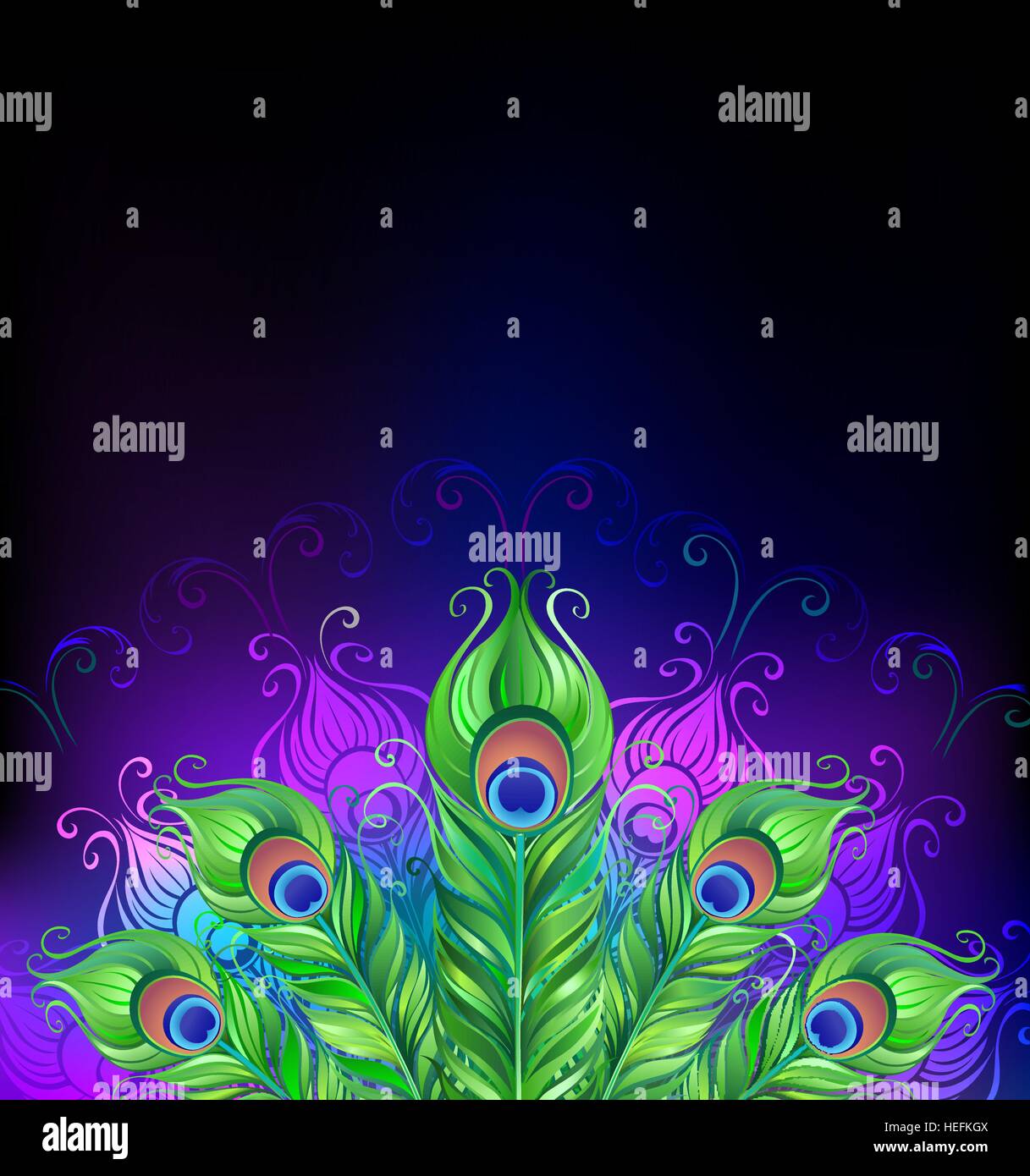 Pfauenschwanz auf glühenden schwarzen Hintergrund Stock Vektor