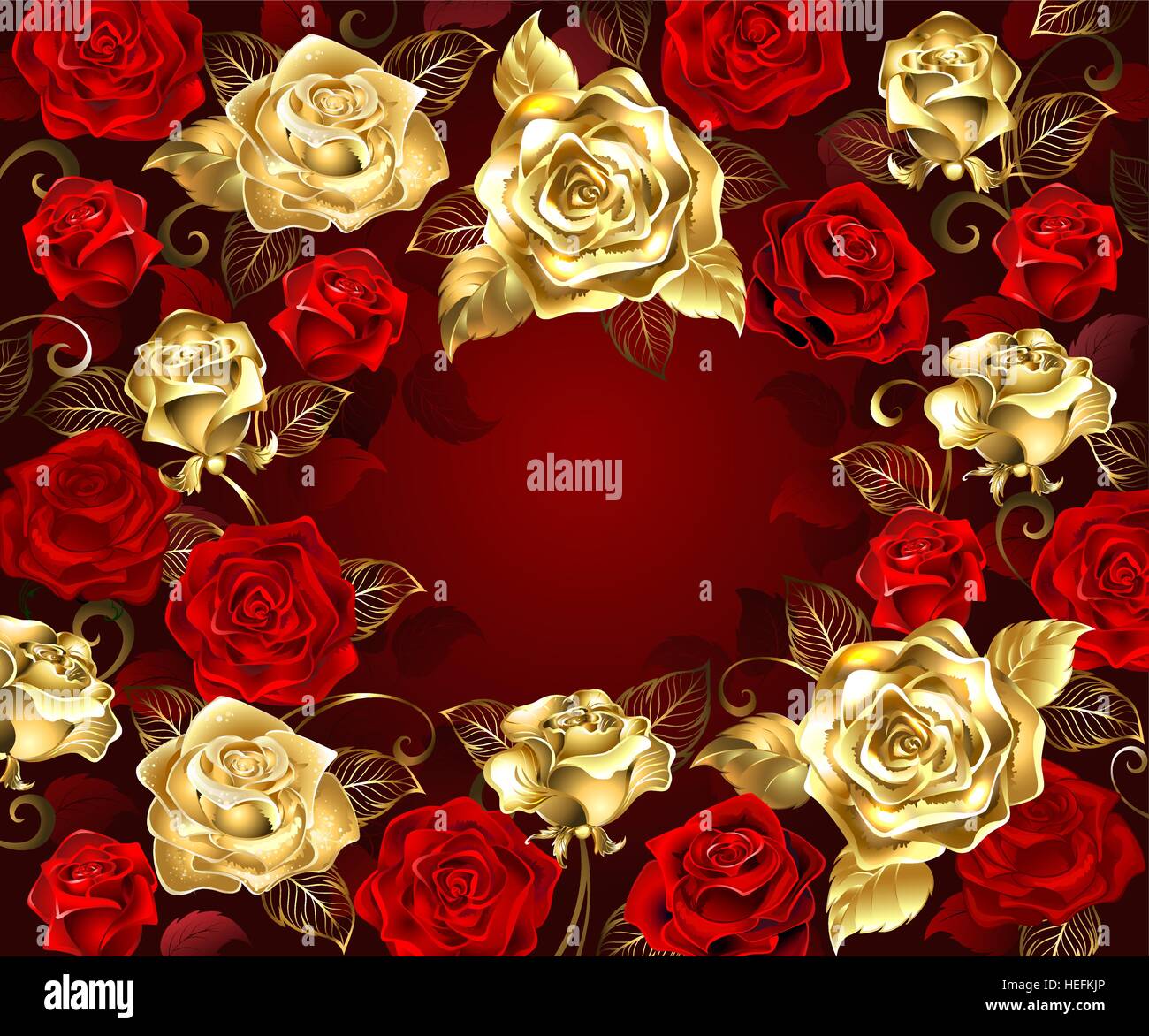Gold und rote Rosen mit goldenen Blättern auf rotem Grund. Stock Vektor