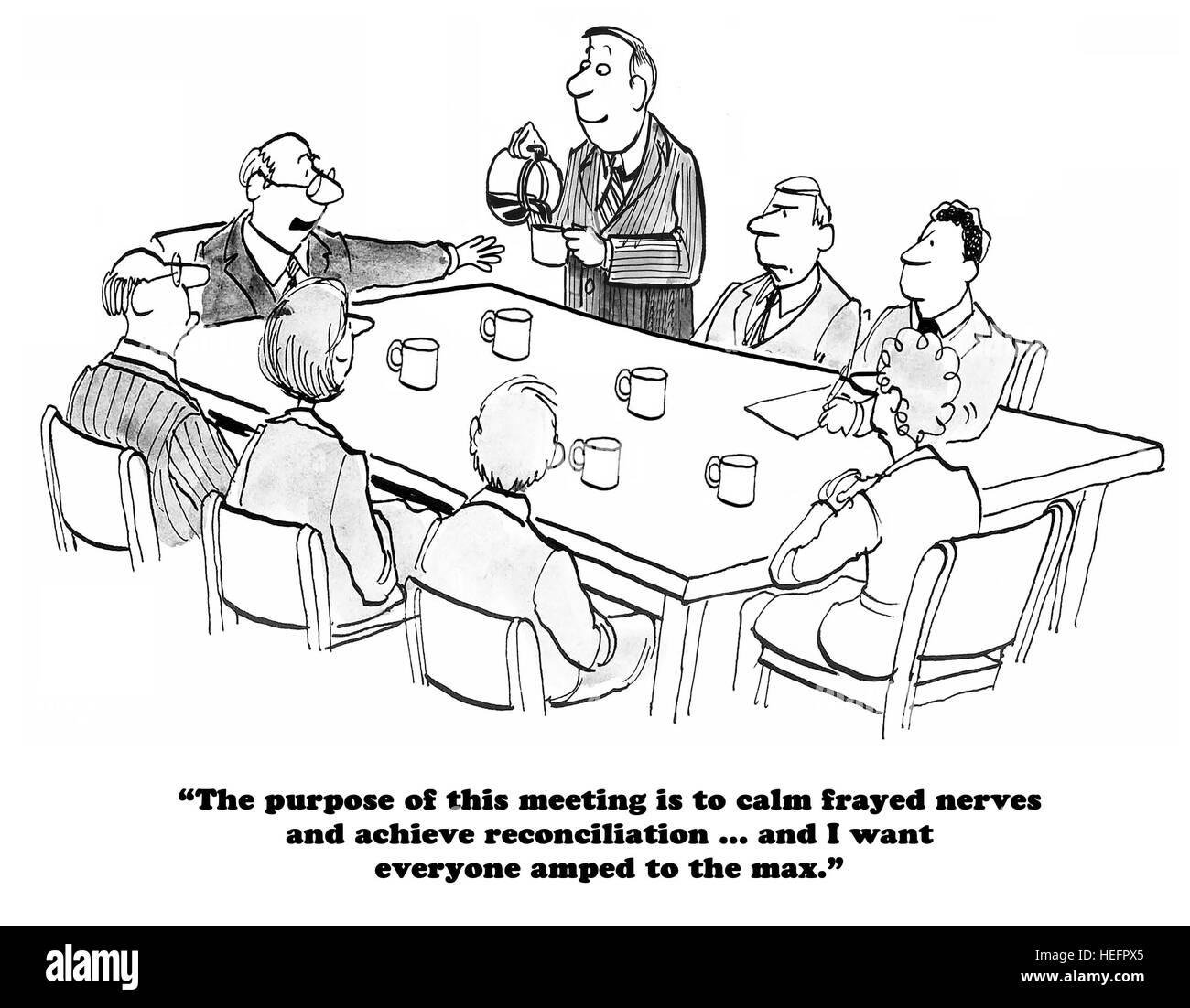 Geschäftliche Cartoon über ausgefransten Nerven mit viel Kaffee zu beruhigen versucht. Stockfoto