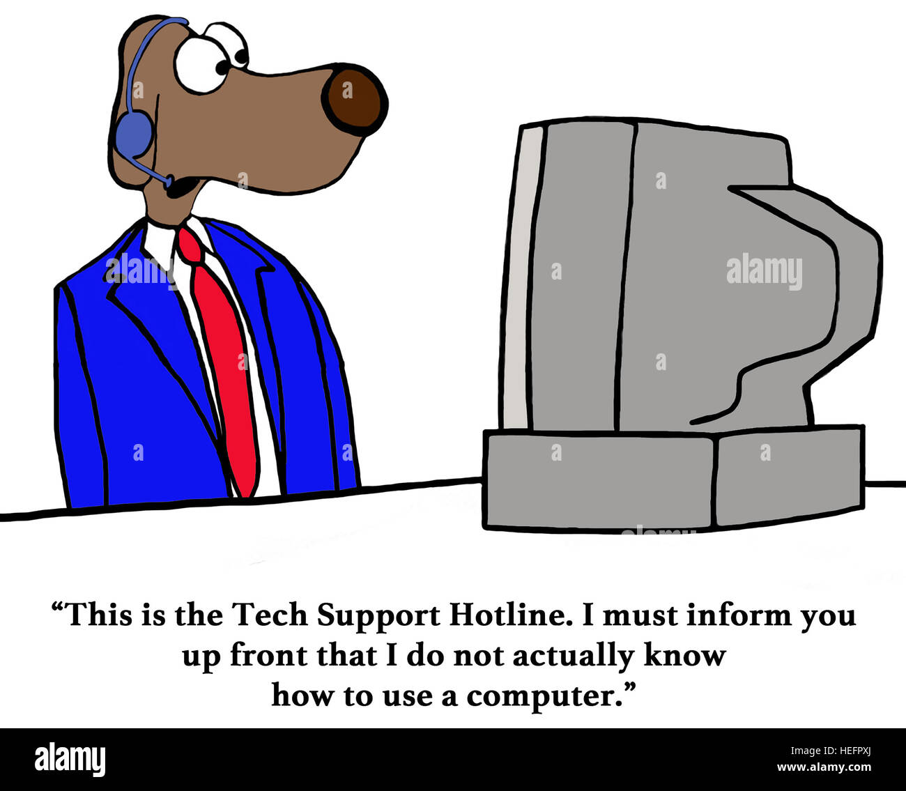 Farbe Geschäft Illustration über einen Tech Support für Kundendienstmitarbeiter, der verstehen nicht wie man einen Computer benutzt. Stockfoto
