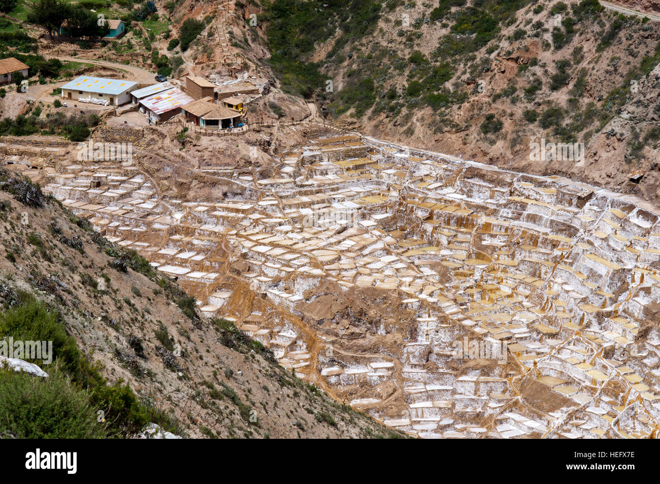 Maras der Saline im Heiligen Tal in der Nähe von Cuzco. Maras ist eine Stadt im Heiligen Tal der Inkas, 40 Kilometer nördlich von Cuzco in Cuzco Regio Stockfoto