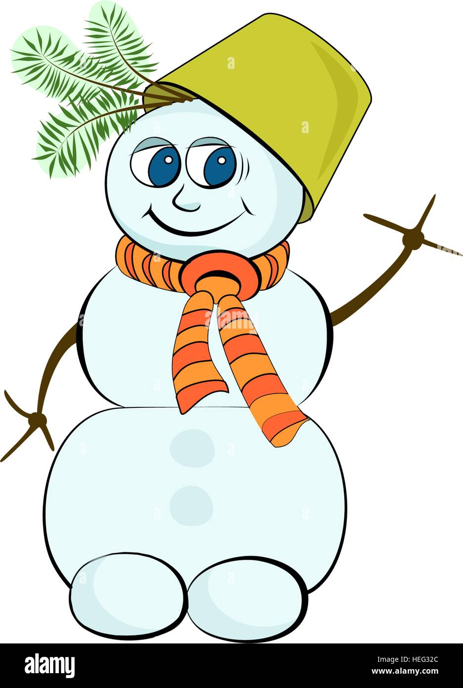 Fröhliche Schneemann mit einem grünen Eimer auf dem Kopf Stock Vektor