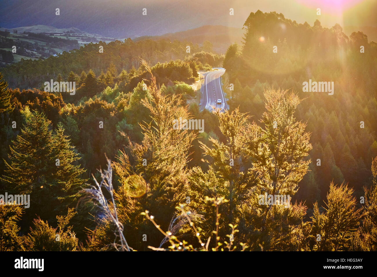 Neuseeland, Südinsel, Blick auf Hoffnung Bank, dichten Wald in den Sonnenuntergang, Straße durch Berge Stockfoto