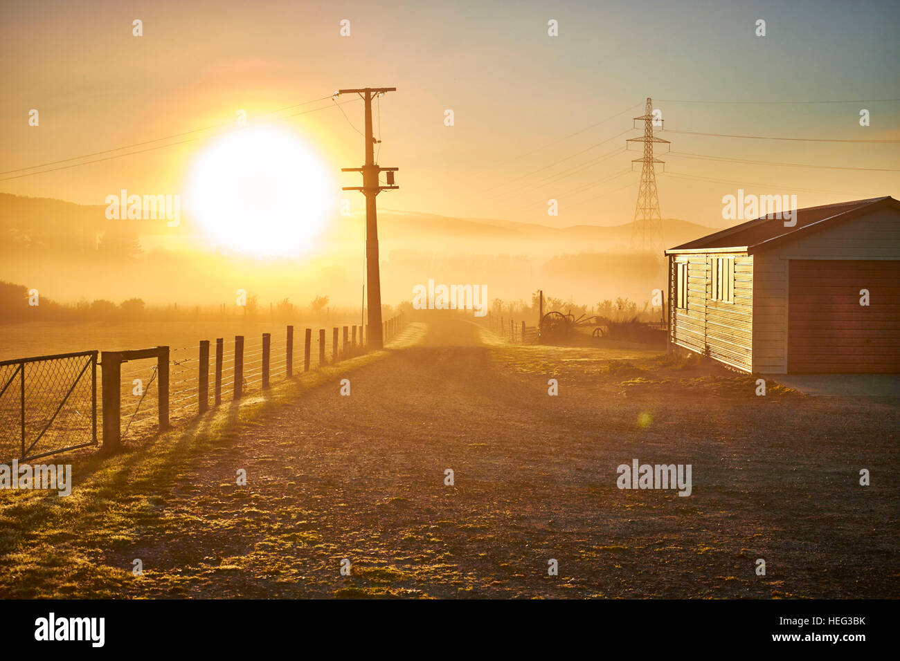 Dunedin, Mosgiel, Bauernhof, warmer Sonnenaufgang, atmosphärische Stockfoto