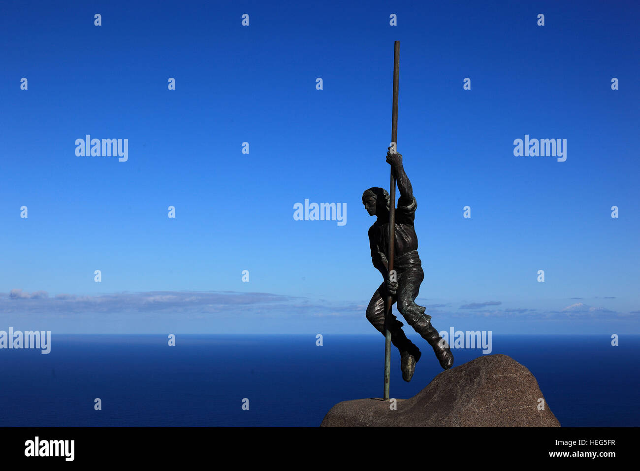 La Palma, Kanarische Insel, Statue Stabspringer am Mirador San Bartolome Zwischen Den Orten Puntallana Und Los Sauces Stockfoto