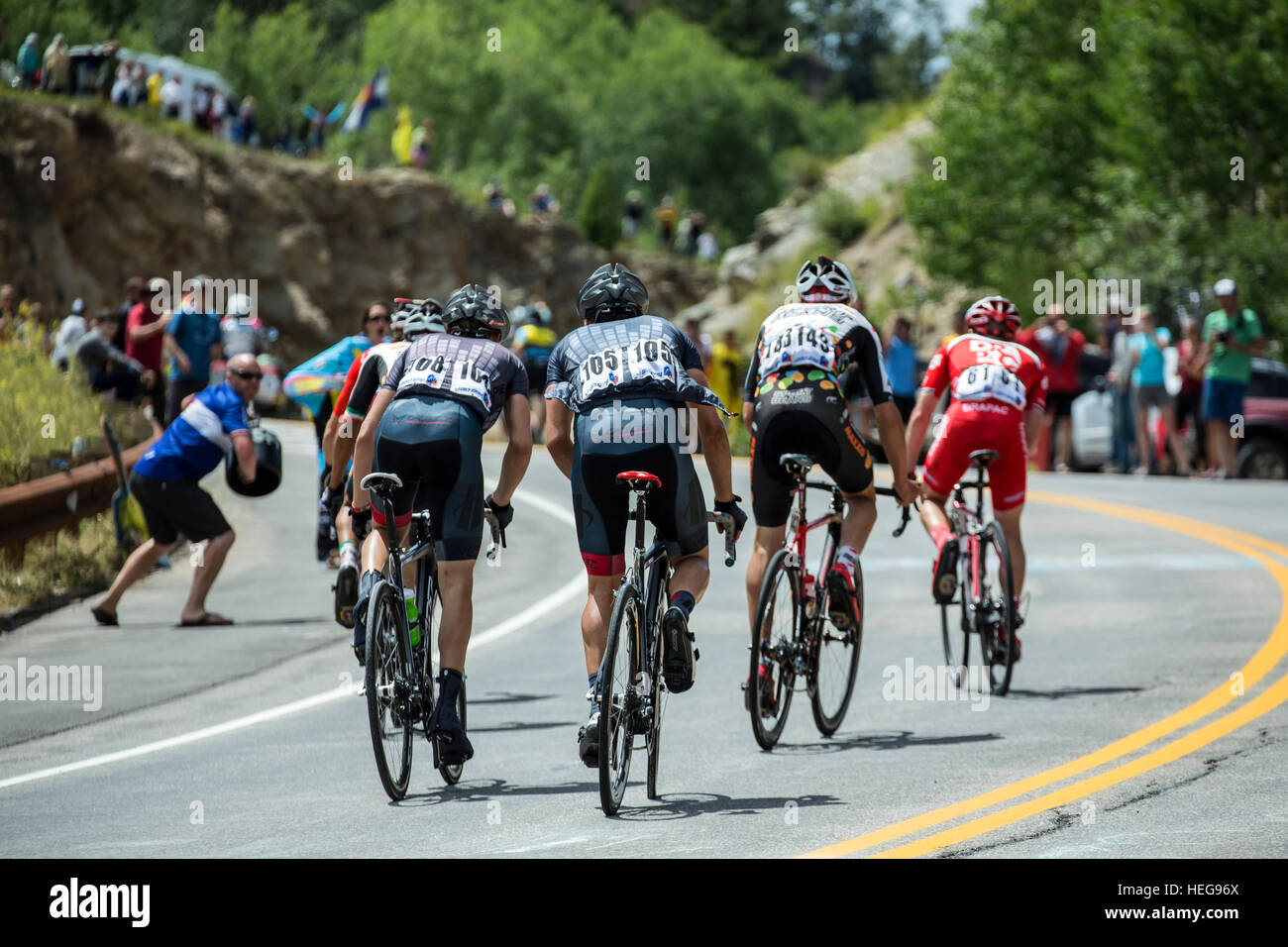 Fahrradfahrer fahren bis McClure Pass, USA Pro Challenge Radrennen, Colorado Stockfoto