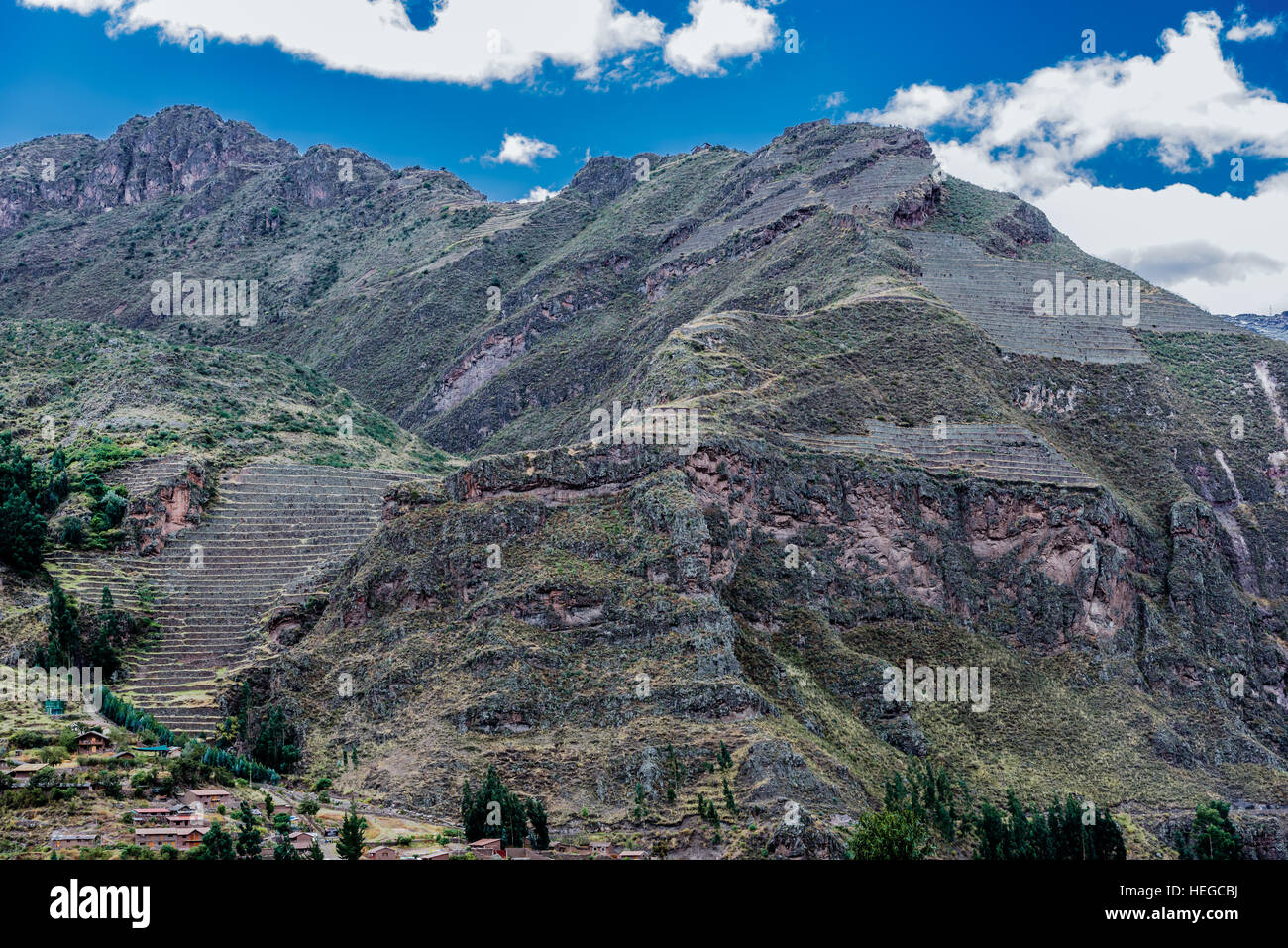 Pisac, Inka-Ruinen in den peruanischen Anden in Cusco-Peru Stockfoto