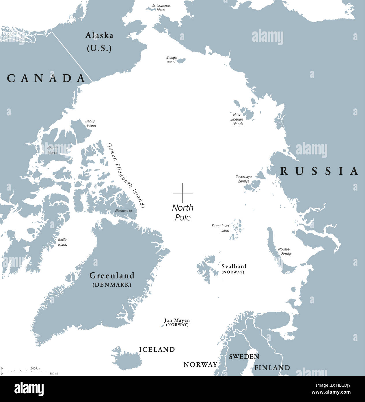 Politische Karte der arktischen Region. Polarregion rund um den Nordpol am nördlichsten Teil der Erde. Das Nordpolarmeer ohne Eis. Stockfoto