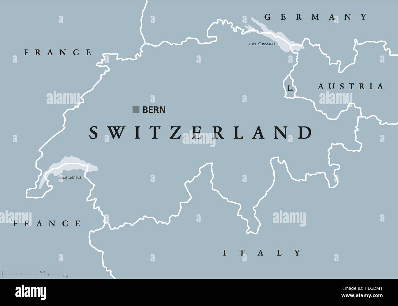 Schweiz politische Karte mit Hauptstadt Bern, nationale Grenzen und Nachbarländern. Schweizerischen Eidgenossenschaft eine Bundesrepublik. Stockfoto