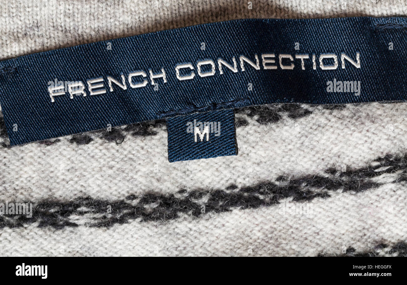 Label - Label French Connection in Mannes Jumper Bekleidung Kleidungsstück Stockfoto