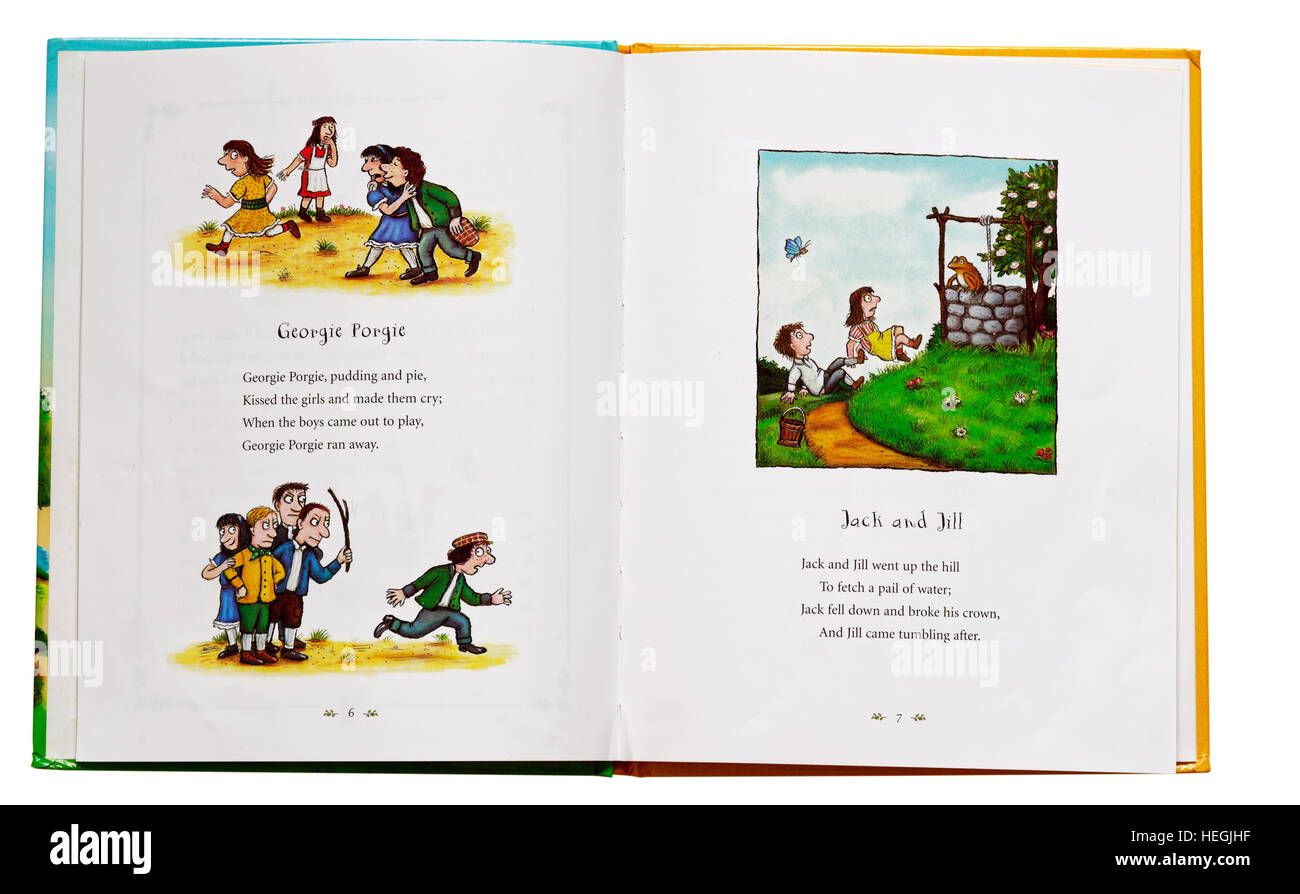 Georgie Porgie und Jack und Jill Nursery Rhymes in einem Buch Stockfoto