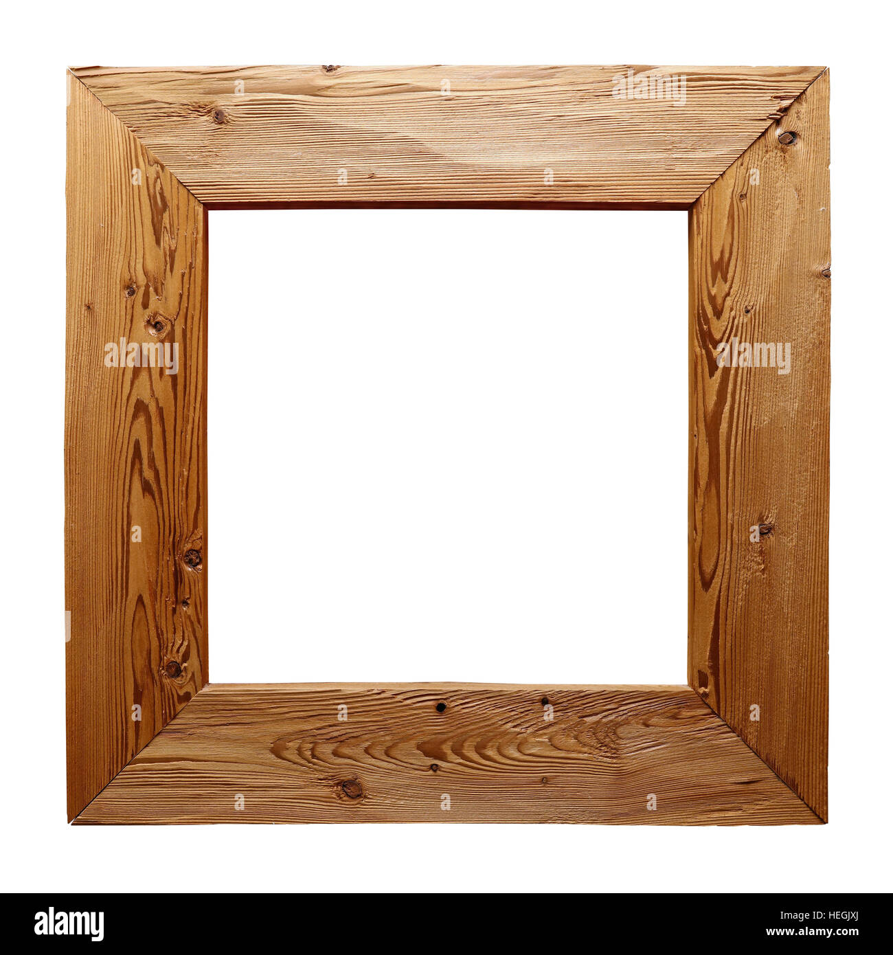 Rustikale unlackiert quadratische Bild, Fenster oder Spiegel Holzrahmen aus gebürstetem Naturholz isoliert auf weißem Hintergrund, Nahaufnahme Stockfoto