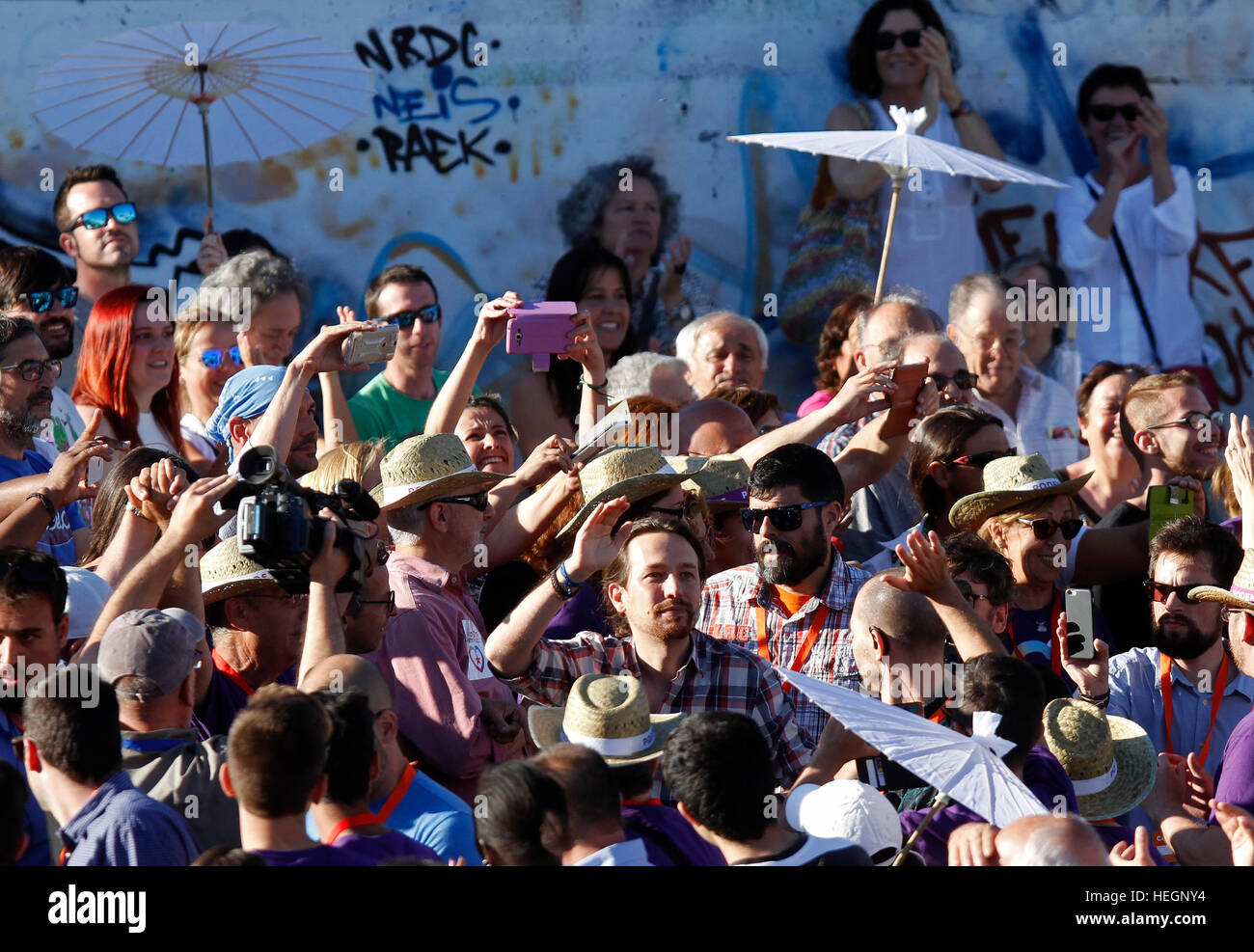 Pablo Iglesias, Führer der Podemos. Der politische Kundgebung in Palma De Mallorca, vor der spanischen Parlamentswahlen des 26. Juni. Stockfoto