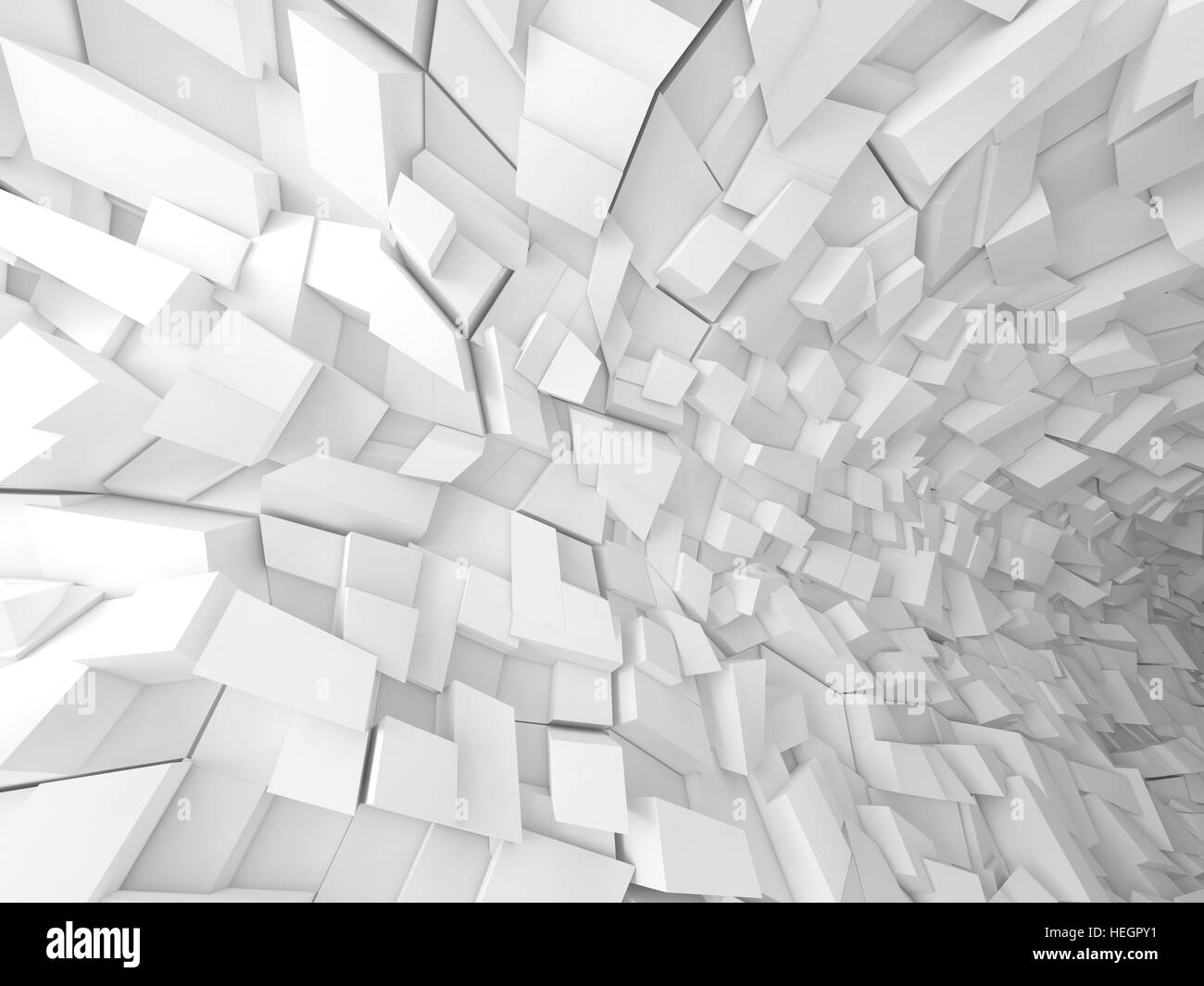 Abstrakte digitale Hintergrund gebogen weiß futuristischen Interieur mit chaotischen Blöcke Muster, 3d illustration Stockfoto