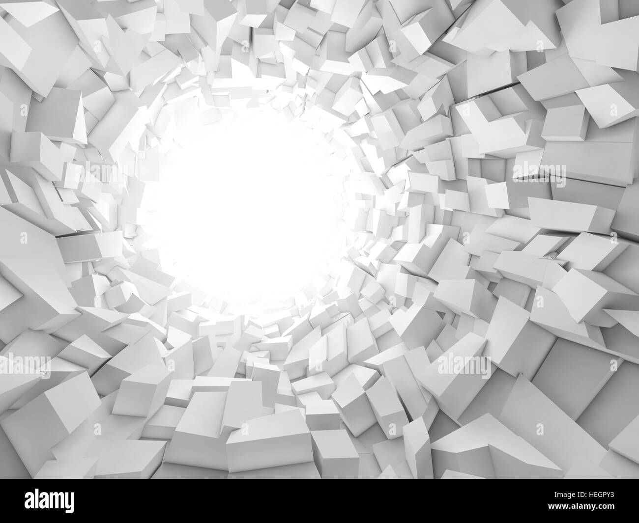 Abstrakte digitale Hintergrund, weiße Tunnel Interieur mit glühenden Ende und Wände aus technologischen chaotischen Bausteinen. 3D illustration Stockfoto