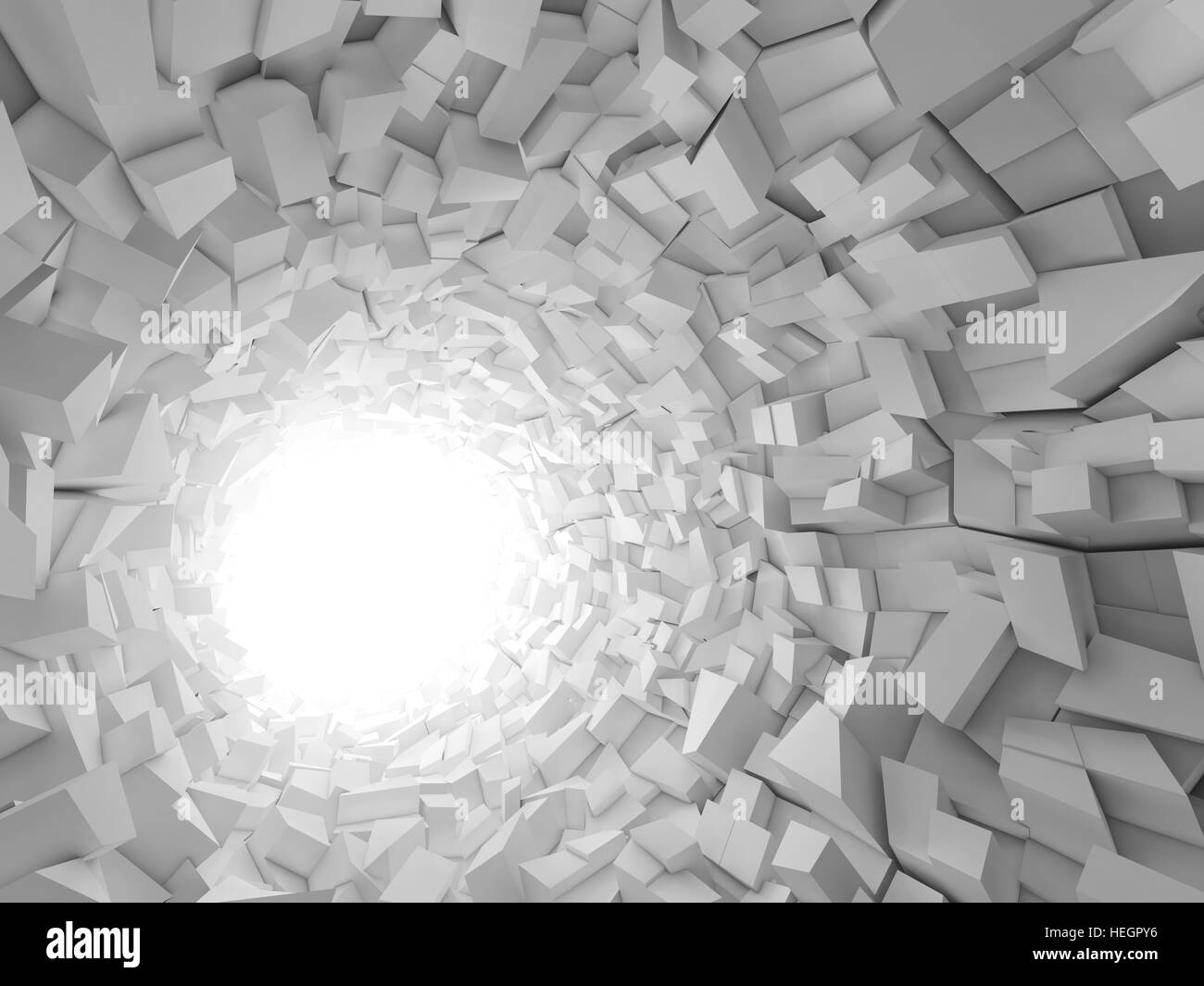 Abstrakte digitale Hintergrund, weiße Tunnel Interieur mit Wänden aus technologischen chaotischen Bausteinen. 3D illustration Stockfoto