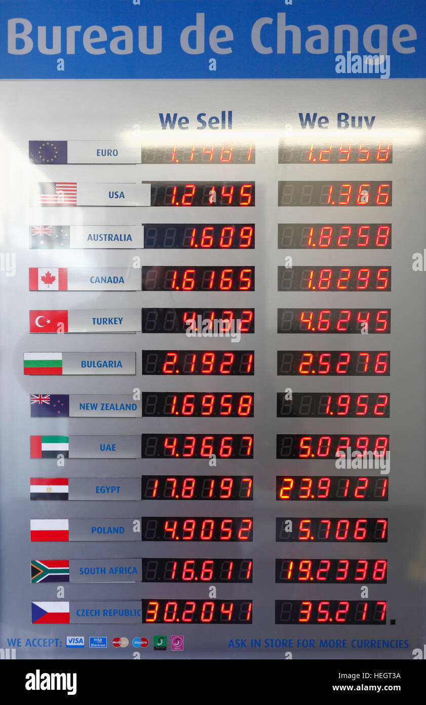 Bureau de Change Display Board zeigt Wechselkurse. Stockfoto