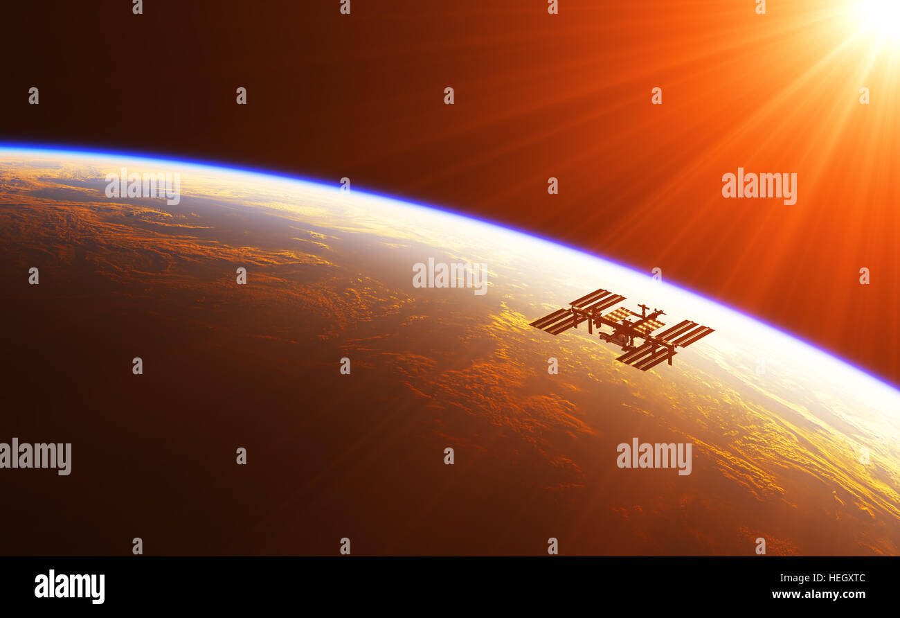 Internationale Raumstation In den Strahlen der aufgehenden Sonne 3D Illustration. Stockfoto
