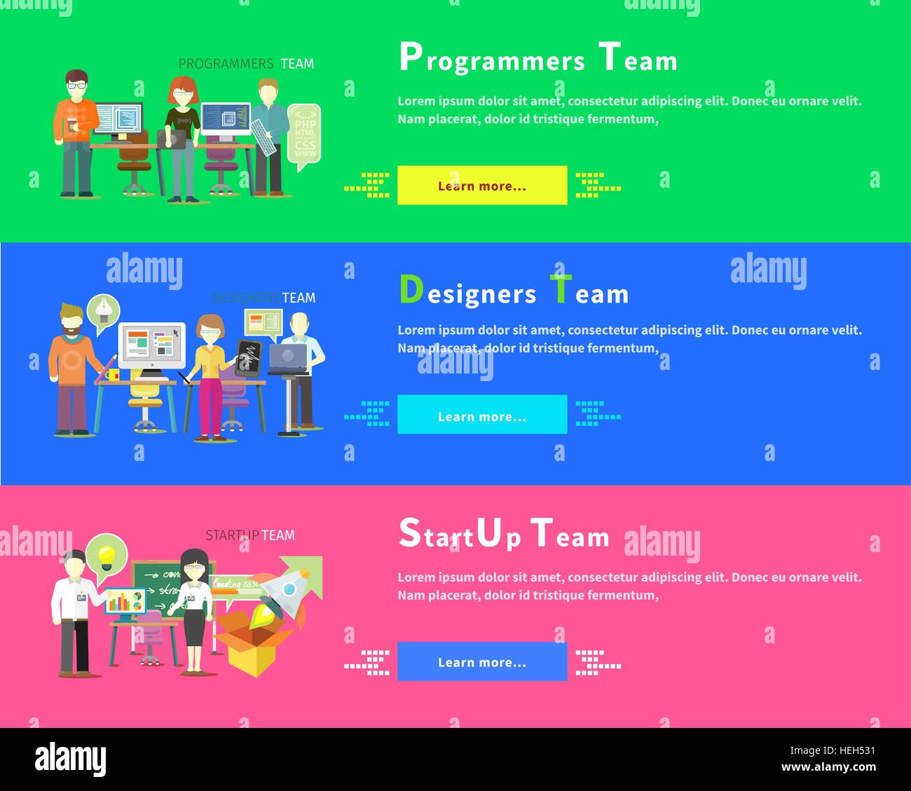 Start Team Geschäftsleute Gruppe flachen Stil. Programmierer-Team Menschen. Programmierung und Computer-Programmierer, Entwicklung und Stock Vektor