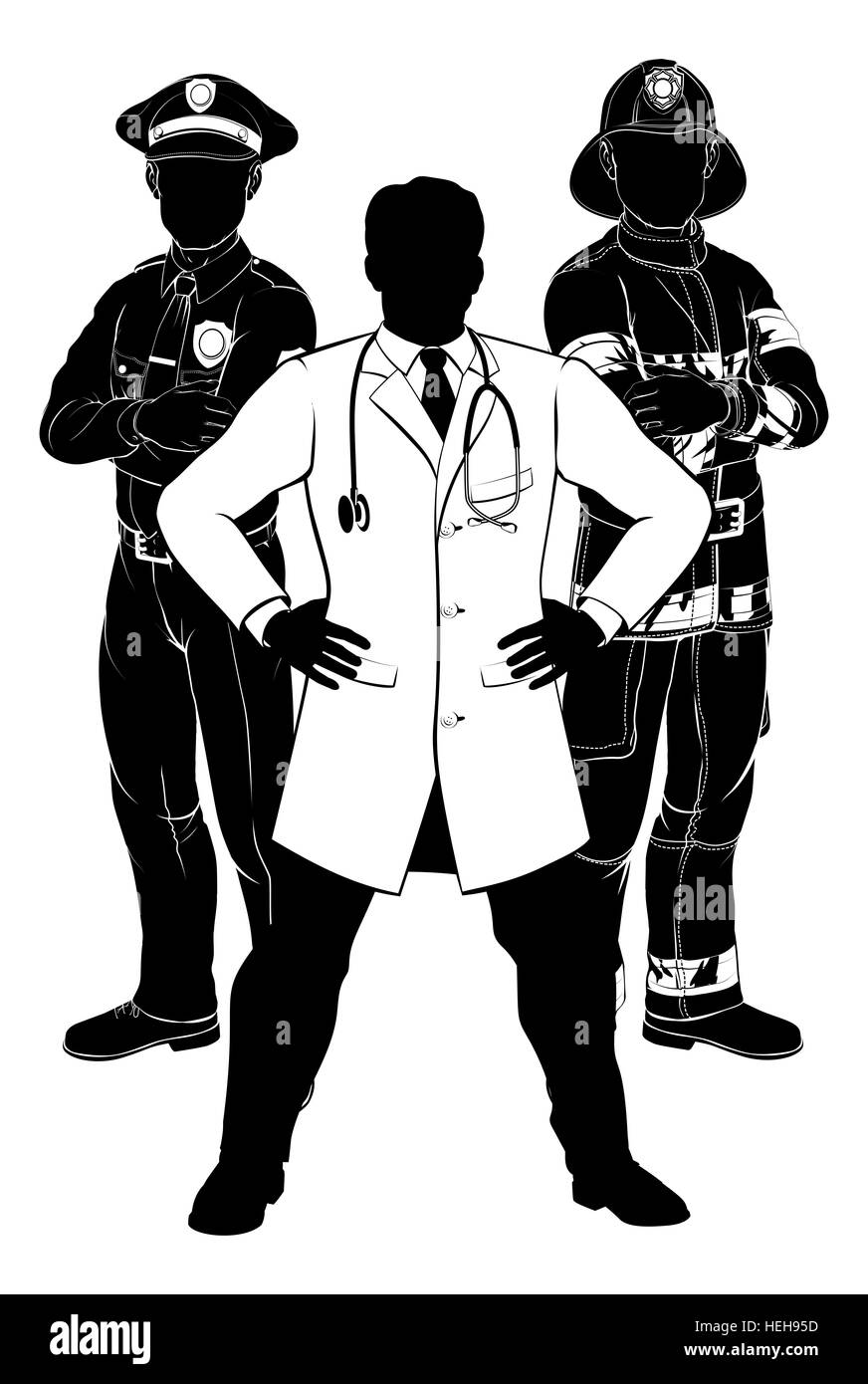 Silhouette-Polizist, Feuerwehrmann und Arzt Notfallrettung Dienstleistungen Arbeitnehmer Team Silhouetten Stockfoto
