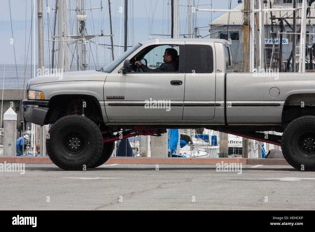 Riesig, groß, Monster, truck, Monterey Marina,Monterey,Bay,California,USA,U.S.A.,United Staaten von Amerika. Stockfoto