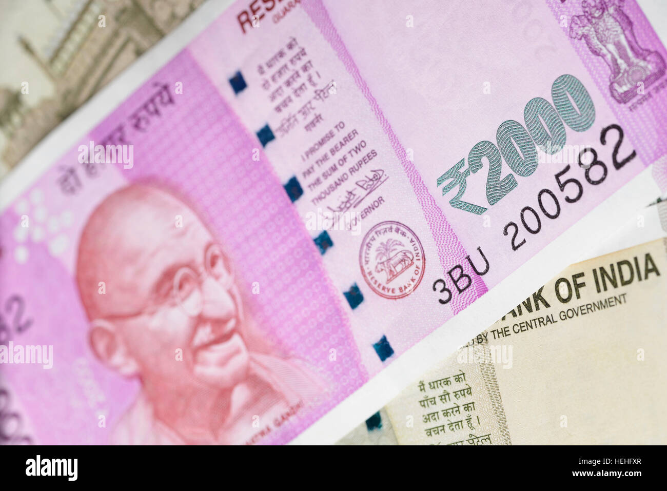 Neue indische zweitausend Rupie Banknote Stockfoto
