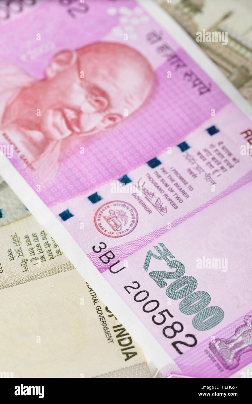 Nahaufnahme der neuen indischen zwei tausend Banknote Stockfoto