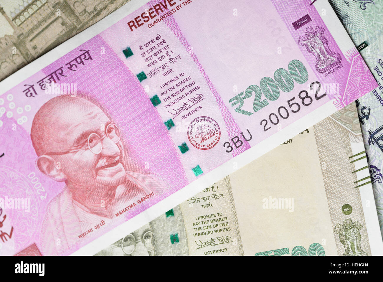 Nahaufnahme der neuen indischen zwei tausend Währung Stockfoto