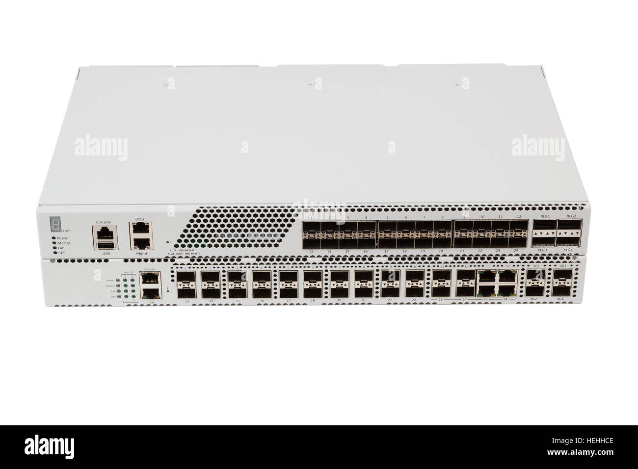Faser-Optik-Gigabit Ethernet-switch mit SFP-Modul Slot und UTP-Kategorie 5 Steckverbinder RJ-45 isoliert auf weißem Hintergrund Stockfoto Faser-Optik-Gigabit Ethernet-switch mit SFP-Modul Slot und UTP-Kategorie 5 Steckverbinder RJ-45 isoliert auf weißem Hintergrund Stockfoto
