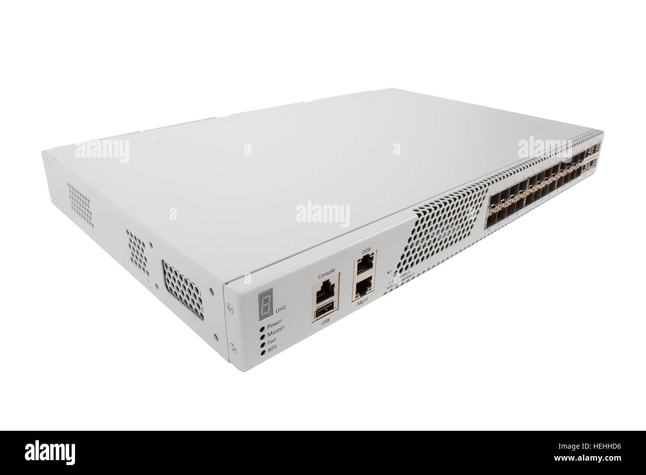 Faser-Optik-Gigabit Ethernet-switch mit SFP-Modul Slot und UTP-Kategorie 5 Steckverbinder RJ-45 isoliert auf weißem Hintergrund Stockfoto Faser-Optik-Gigabit Ethernet-switch mit SFP-Modul Slot und UTP-Kategorie 5 Steckverbinder RJ-45 isoliert auf weißem Hintergrund Stockfoto
