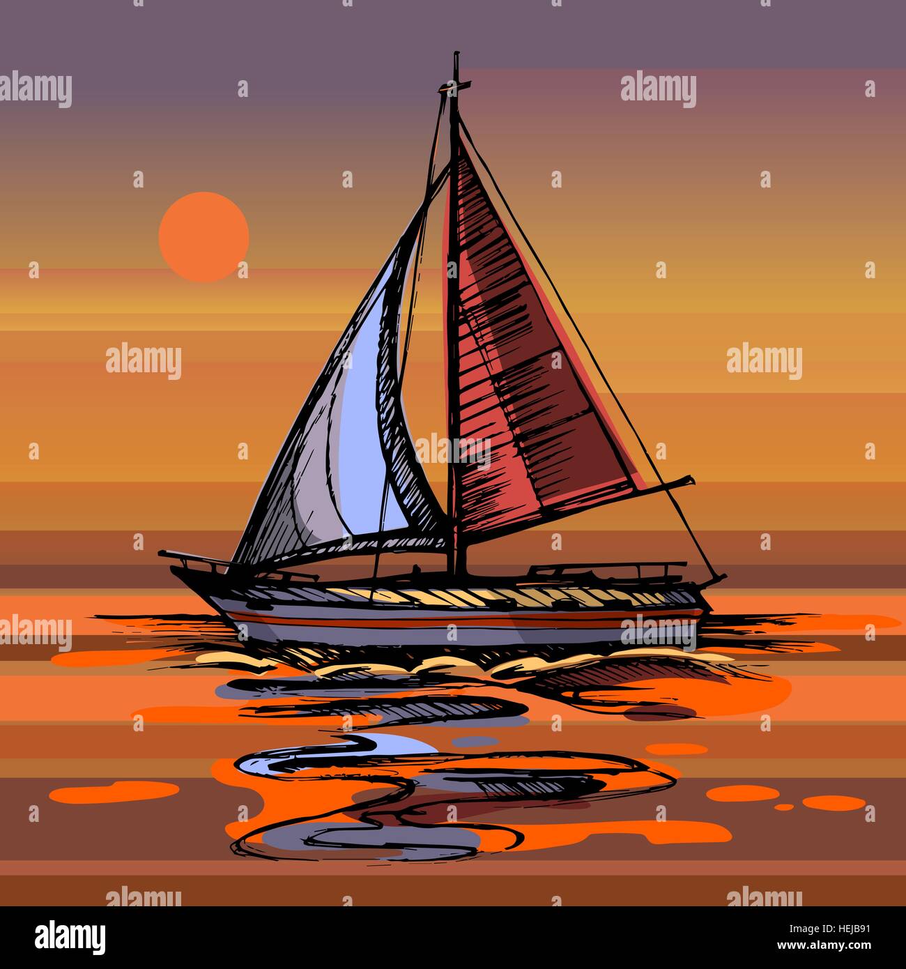 Sonnenuntergang Meer Yacht schwimmt auf der Wasseroberfläche. Stock Vektor