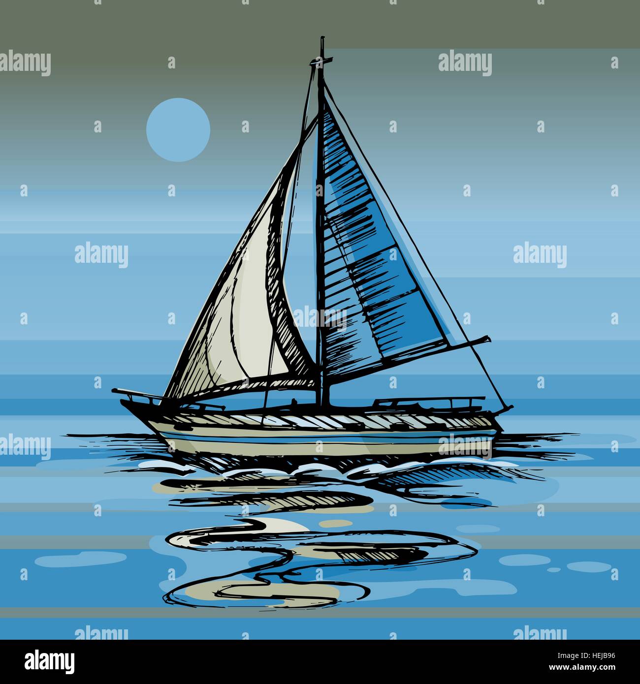 Mond Nacht auf die Wasseroberfläche schwimmenden Meer-yacht Stock Vektor