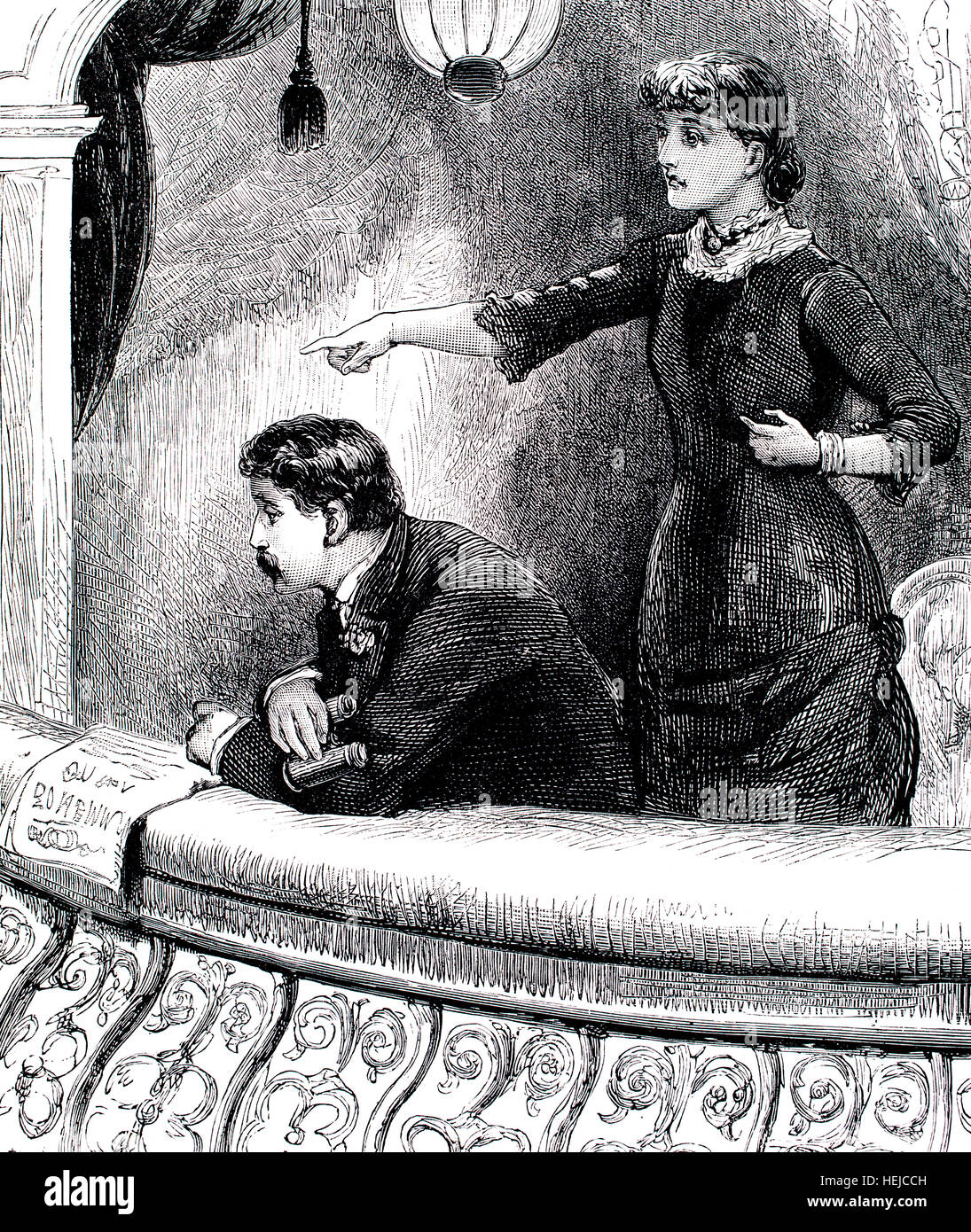 Viktorianische paar in Theater-Box, mit Frau zeigt, um zu inszenieren, Illustration von 1884 Chatterbox wöchentlichen Kinder Papier Stockfoto