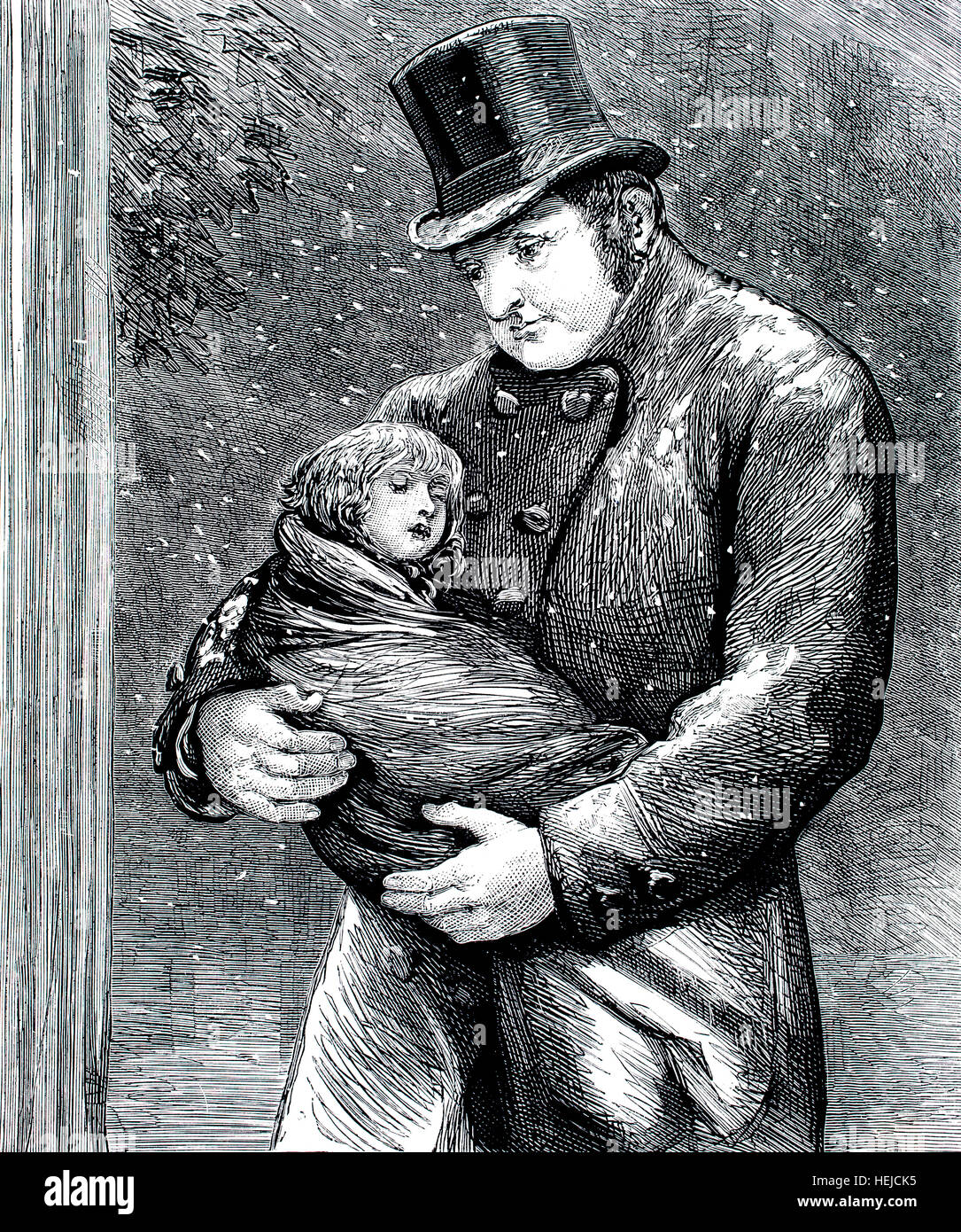 Viktorianische Mann retten, aufgegeben, Kind im Winter Schneesturm, Illustration von 1884 Chatterbox wöchentlichen Kinder Papier Stockfoto