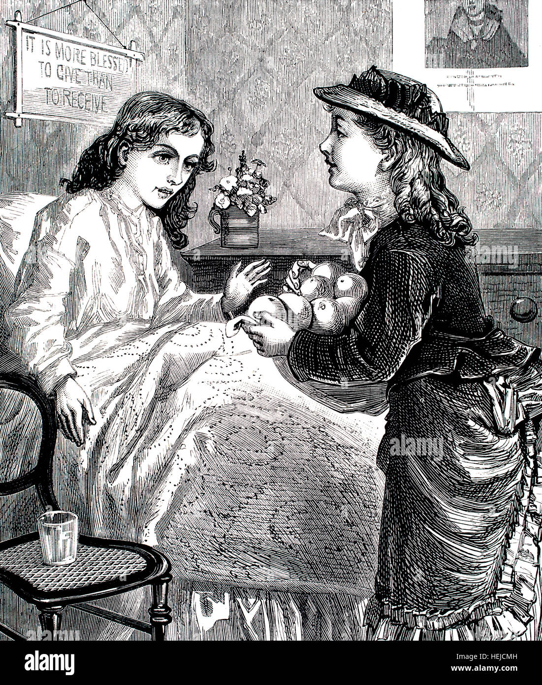 Besucher bringen Früchte, Mädchen im Krankenbett, Illustration von 1884 Chatterbox wöchentlichen Kinder Papier Stockfoto