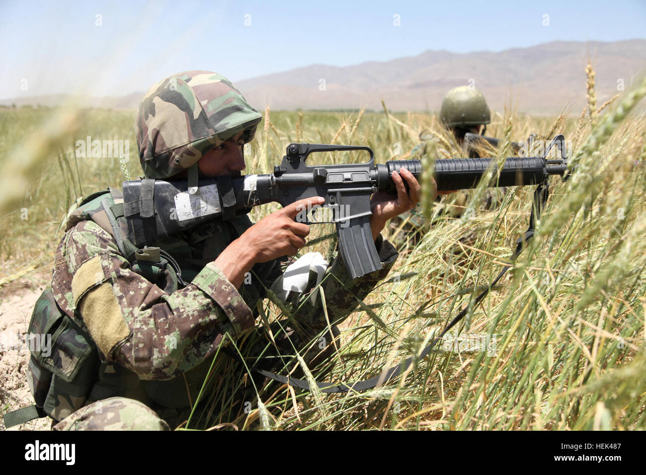 Afghanische nationale Armeesoldaten sorgen für Sicherheit während der Operation Asli Khadaff im Stadtteil Zormat, Paktya Provinz, Afghanistan, 20. Juni 2010. Betrieb Asli Khadaff dient zur Durchführung einer Luftangriff und Bewegung zu kontaktieren, um bestimmten Zielgebieten von Interesse zu löschen, während Anti-afghanische Kräfte Kapazität im Zormat Bezirk zu stören. Operation Enduring Freedom, Operation Asli Khadaff 295883 Stockfoto